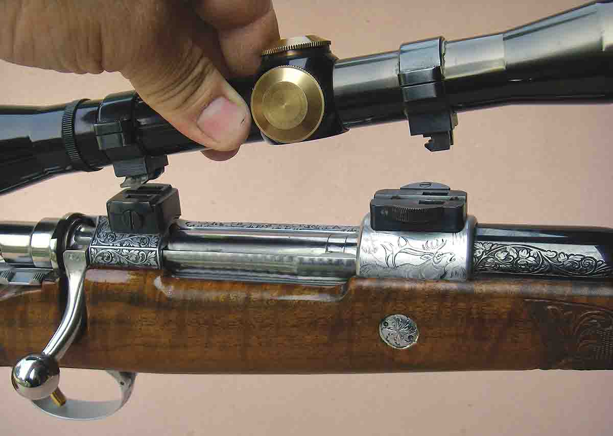 Elmer Keith’s rifle has a George Hoenig- style claw mount that allowed quick detachment of the Leupold M7 4x scope for iron sight use.